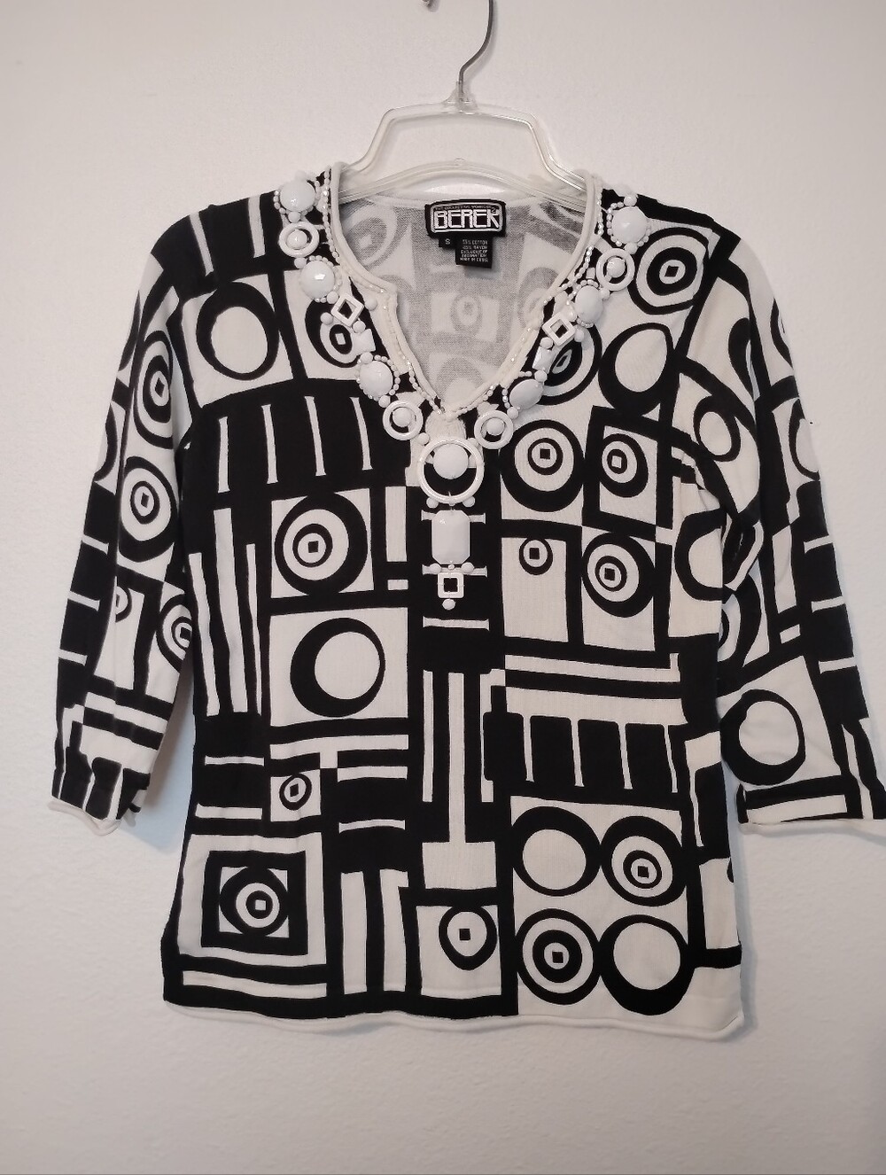 Berek Abstract Geometric Black White Beaded 3/4 Sleeve Shirt